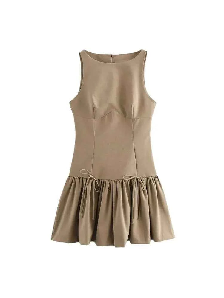 Women's Ruffled Mini Dress with Bows, O Neck, Sleeveless, Back Zipper, Female Dresses, Chic Fashion