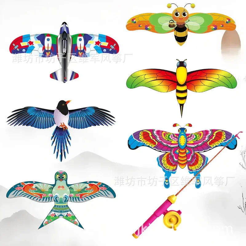 Children Kite Toy Cartoon Eagle Foldable Mini Plastic Toys Kite Hand Brake Fishing Rod  Butterflies For Kids Outdoor Toy For Fun