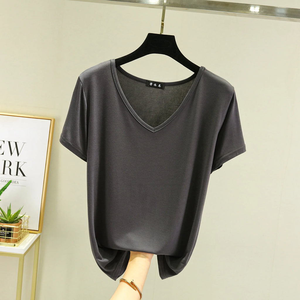 Summer women Modal V-Neck Tshirt Thin Bottoming T-shirts Plus size Loose tee tops Streetwear Basic Top