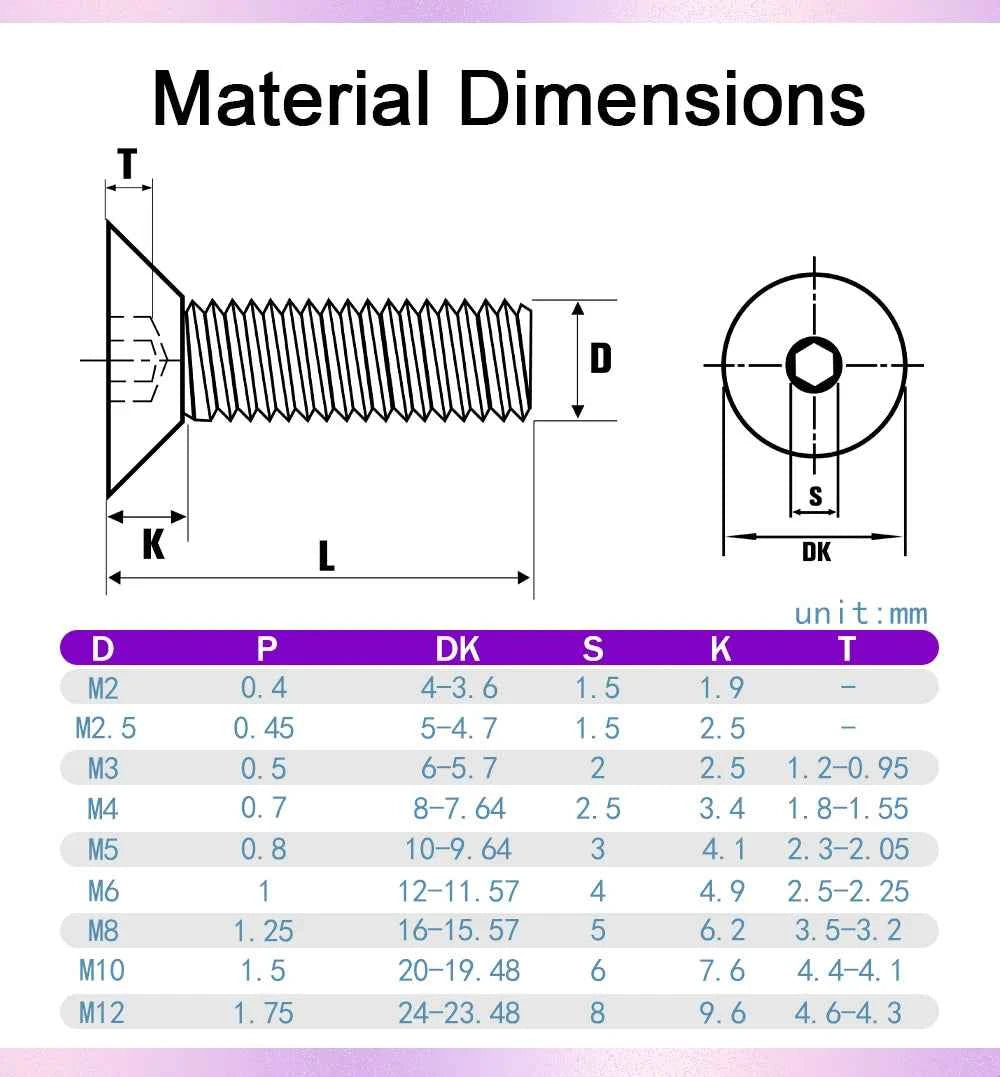 304 Stainless Steel DIN7991 Countersunk Head Hex Socket Screws Bolt Allen Thread Machine Metal Screws M2 M2.5 M3 M4 M5 M6 M8 M10