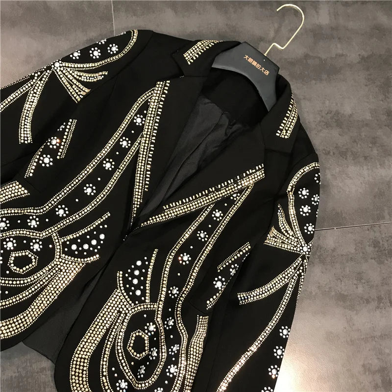 DEAT 2024 New autumn Turn-down Collar Full Sleeves Metal Beaded No Buttons Short jackets Female Single Suit WF18501L Black