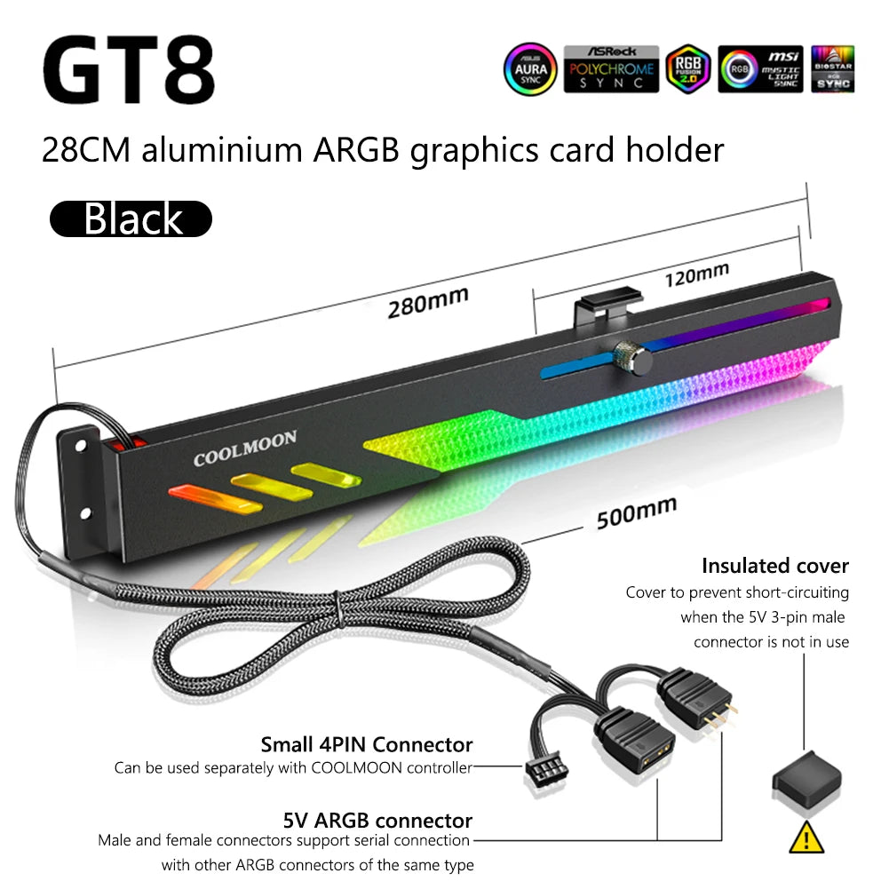 GT8 Horizontal GPU Support 5V ARGB Bracket Computer Video Card Stand GPU Holder with Aluminum Alloy Shell Slide Adjustment