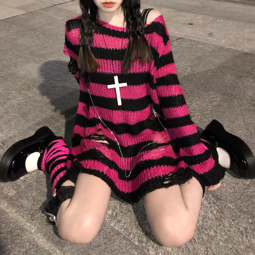 Karrram Pink Striped Gothic Sweaters Women Ripped Holes Loose Knitted Pullover Frayed Fairy Grunge Jumpers Emo Streetwear Lolita
