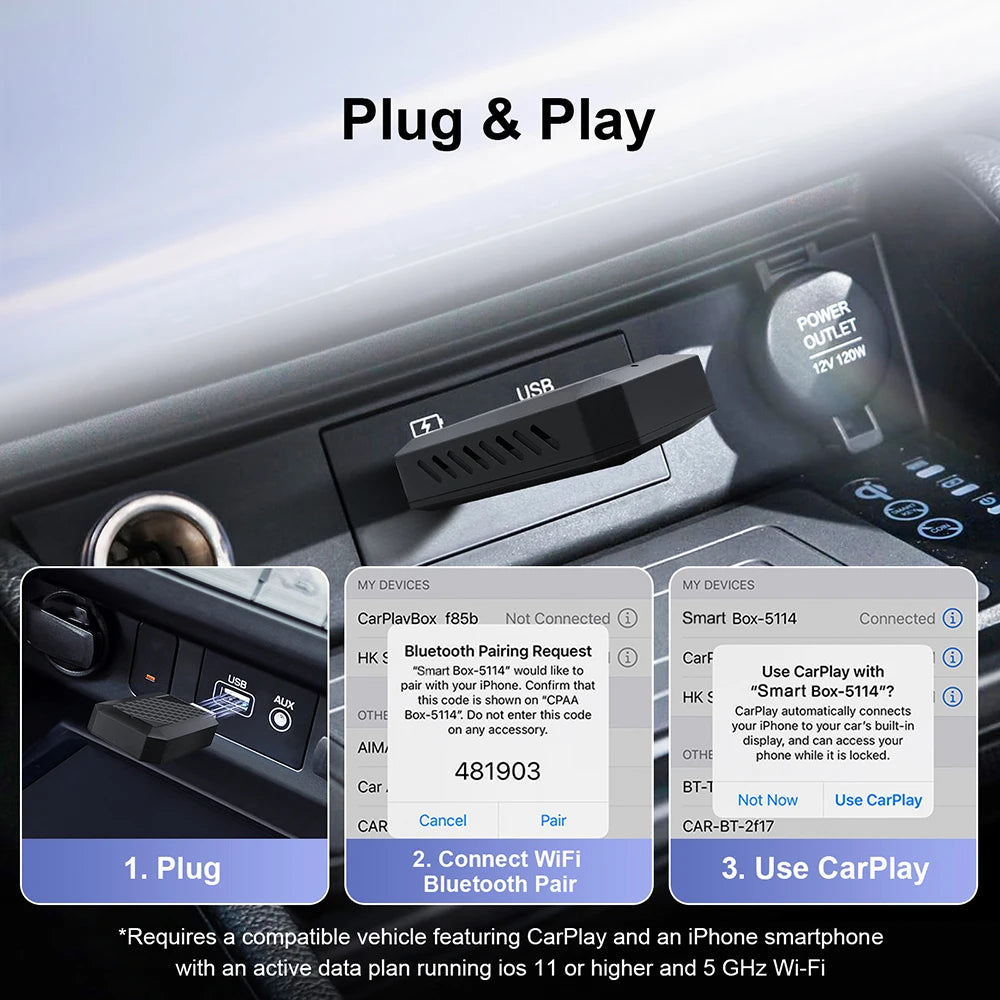 Wired To Wireless Carplay & Android Auto Mini Adapter USB Plug and Play Auto Connect for Factory Wired Carplay Android Auto Cars