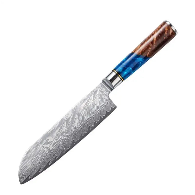 1-8pcs Professional kitchen knife set Damascus Steel Set for Meat Cutting Sushi Peeling and Boning Blue Resin Wood Handle