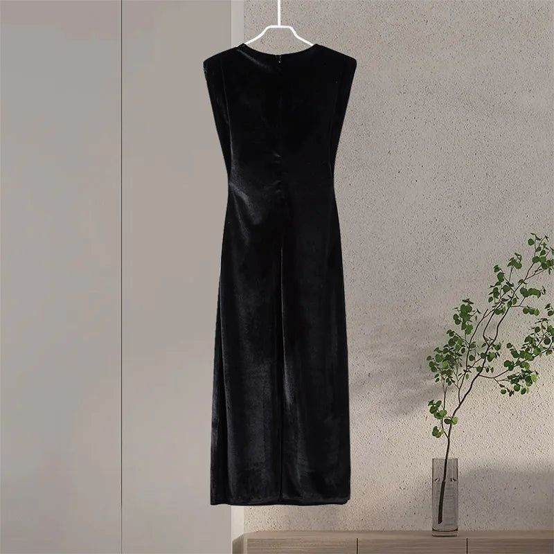 Elegant Velvet Long Dress Women V Neck Sleeveless High Waist Shoulder Pad Dresses Female 2025 Fashion Evening Vent Dresses Lady