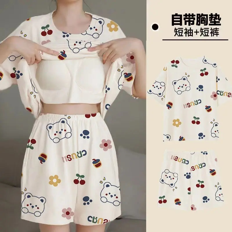 Summer Women's Pajamas Set Sleepwear 2 PCS - Short Tank Tops and Shorts with Chest Pad Womens Printing Pyjama Home Leisure Suit