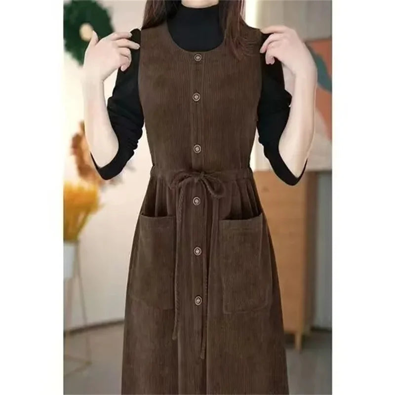 2024 Winter Fake Two piece Corduroy Dress Stylish Women's Dress Draw pleats Slim Waist Dress Women's Retro Knee Over Middle Long