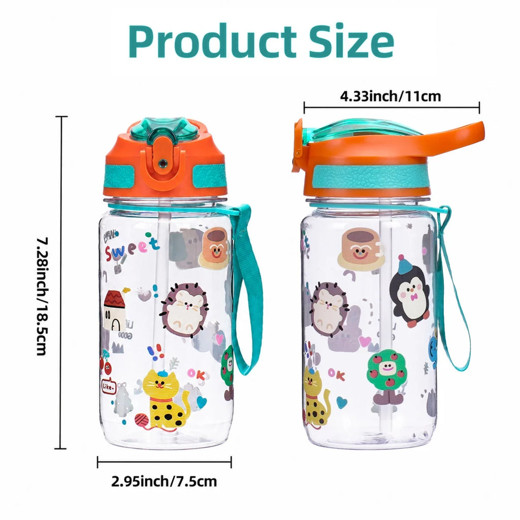 600ml Water Bottle With Straw Leakproof Flip Cap Cute Animal Print Portable Hanging Rope School Outdoor Sports Drinking Plastic