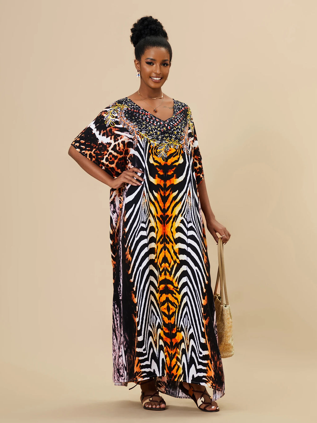 EDOLYNSA 2023 Bohemian Printed Loose Kaftan Casual Summer Vacation Maxi Dress Women Clothing Beach Wear Swim Suit Cover Up Q1469
