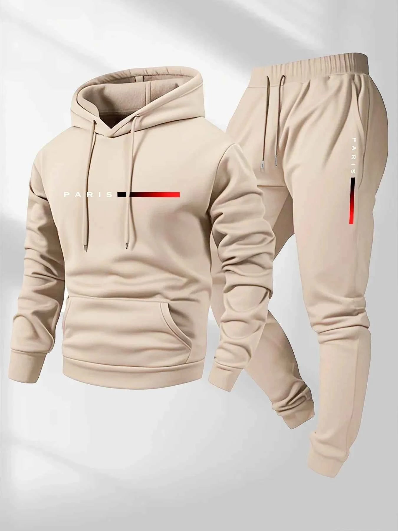 PARIS Letter Print Sweatshirt Suit Men's Fleece Hoodie Pants Set Spring Autumn Winter Warm Casual Sports Pullover Trousers Sets