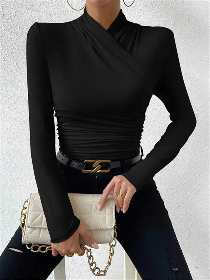 Women's Clothing Autumn Winter Tshirts New Design Cross Neckline Versatile Pleated T-shirt Comfortable Fashion Slim Fit Sexy Top