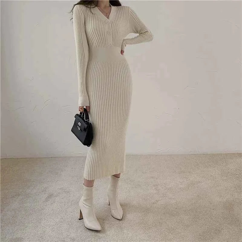 Autumn Winter Sweater Dress For Women 2024 New Arrivals Buttons Up V Neck High Waist Long Knitted Dress Korean Maxi Dresses