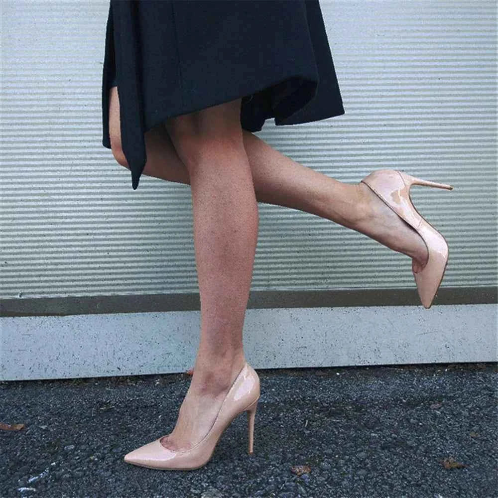 Tikicup Solid Nude Patent Women Pointy Toe Stiletto High Heels Slip On OL Wedding Party Dress Shoes Elegant Ladies Formal Pumps