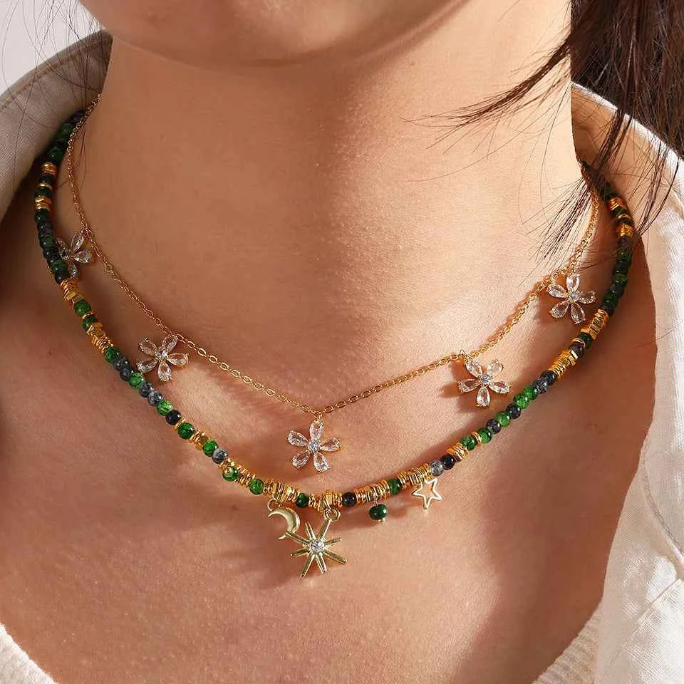 ZAKOL Vintage Bohemian Style Stone Beads Necklace for Women Charm Mang Star Pendant Stacked Clavicle Chain Fashion Jewelry Gifts