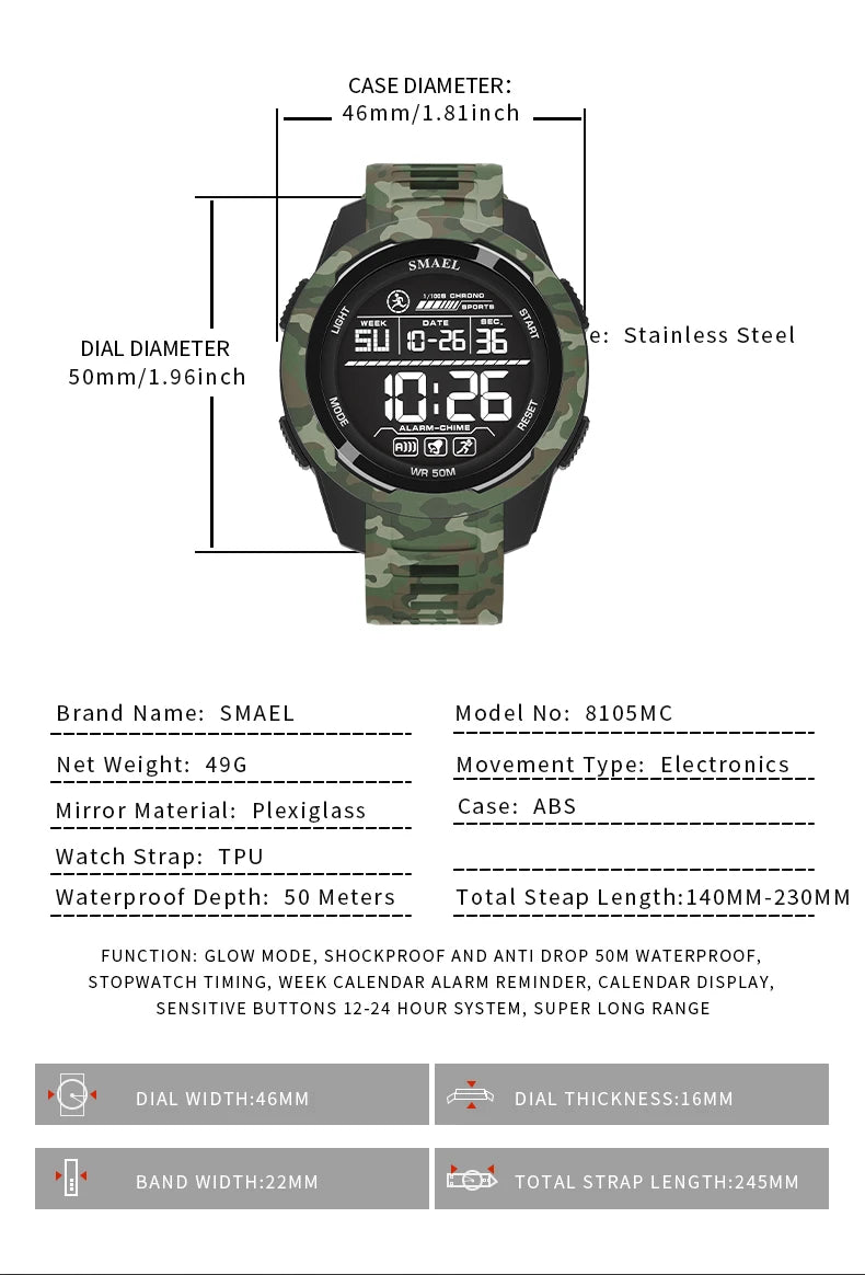 New SMAEL 8105 Watches Camo Strap Military Sport Watch for Men Clock Fashion Digital Wristwatch Waterproof Shockproof Watches