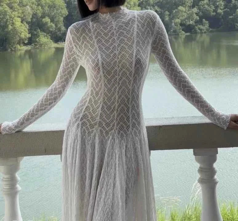 TWOTWINSTYLE Solid Slimming Spliced Ruffles Dresses for Women Round Neck Long Sleeves Patchwork Hollow Out Dress Female Clothing