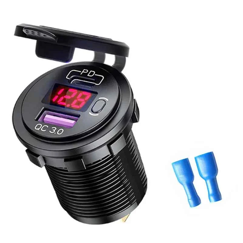 USB C Car Charger Socket 12V/24V Dual USB Socket PD3.0 and QC3.0 Car USB Port With LED Voltmeter and On/Off Switch