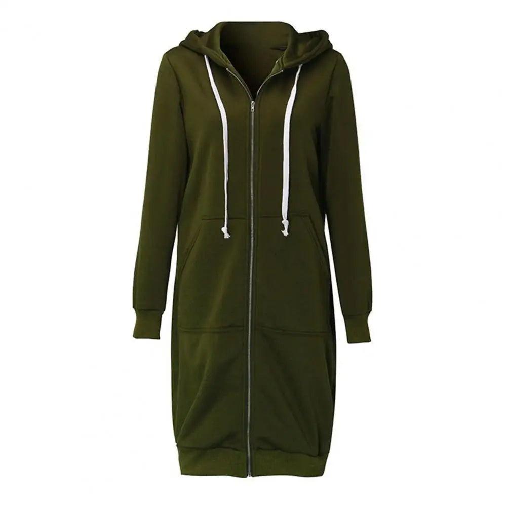 Plush Hooded Drawstring Women Jacket Thick Long Sleeves Zip Up Knee Length Autumn Coat Hooded Long Loose Winter Sweatshirt