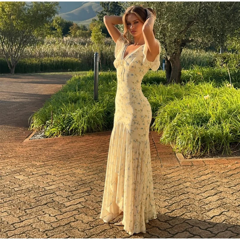 Women Elegant Printed Fishtail Dress Sexy V-neck Short Sleeve Waist-cinching Pleated Slim Maxi Dresses 2026 Lady Vacation Robe