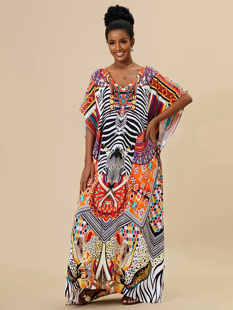 EDOLYNSA 2023 Bohemian Printed Loose Kaftan Casual Summer Vacation Maxi Dress Women Clothing Beach Wear Swim Suit Cover Up Q1469