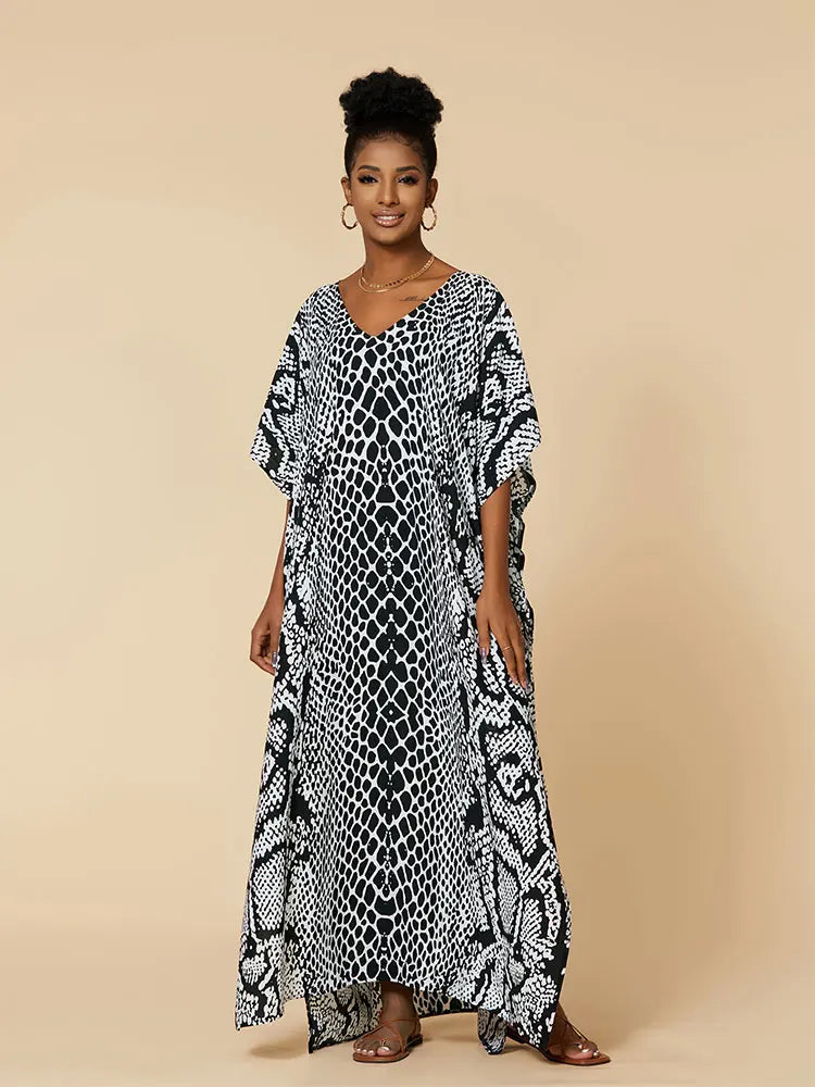 EDOLYNSA 2023 Bohemian Printed Loose Kaftan Casual Summer Vacation Maxi Dress Women Clothing Beach Wear Swim Suit Cover Up Q1469