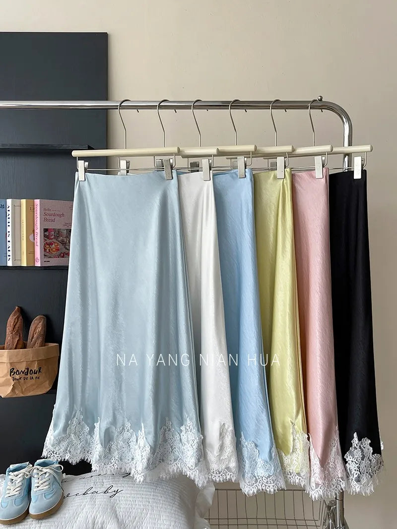Beiyingni French Elegant Satin Mermaid Skirt Women Spring Summer Lace Patchwork Pack Hip Long A-line Skirts Office Ladies Faldas