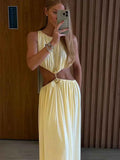 Sisterlinda Metal Patchwork Waistless Long Dresses Women o-Neck Sleeveless Summer Vacation Y2K Style Ruched Elegant Vestidos