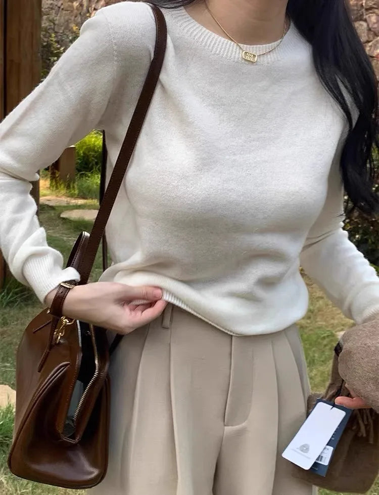 100% pure cashmere sweater women's round neck pullover long sleeve sweater loose short soft waxy knit bottom sweater