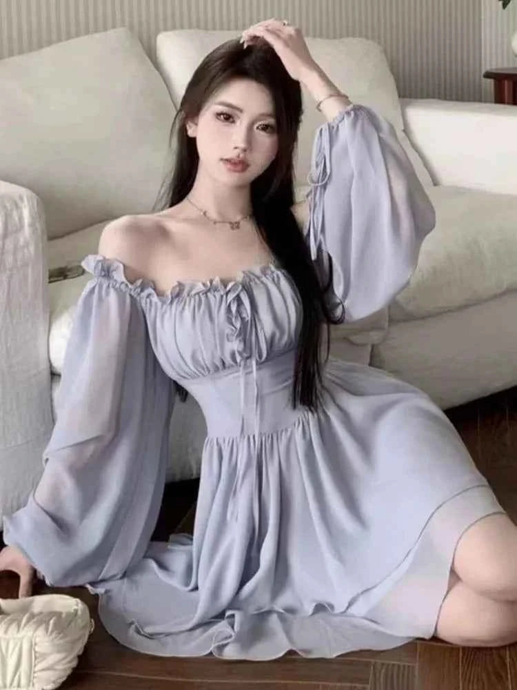 Dresses Women Solid Retro Long Sleeve Slash Neck Autumn Gentle Korean Style Streetwear All-match Lovely Comfortable Stylish Chic