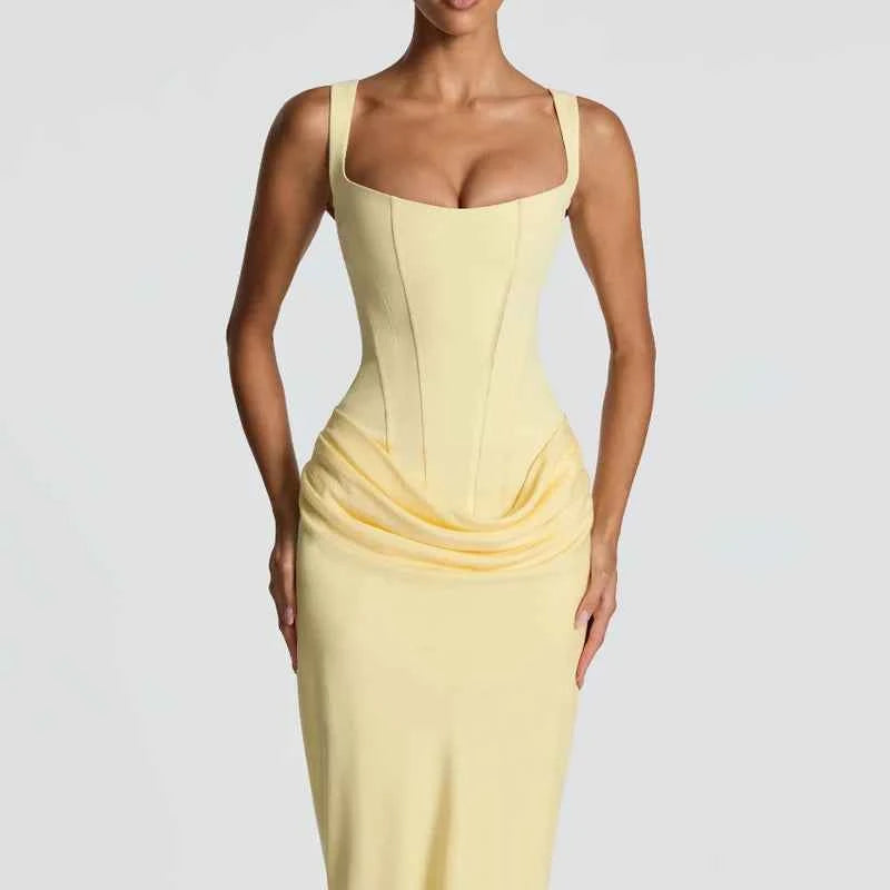 Yellow Strapless Pleated Dress Women Elegant Sexy Sleeveless Waist Cinching Split Maxi Gowns 2026 Lady New Evening Party Dresses