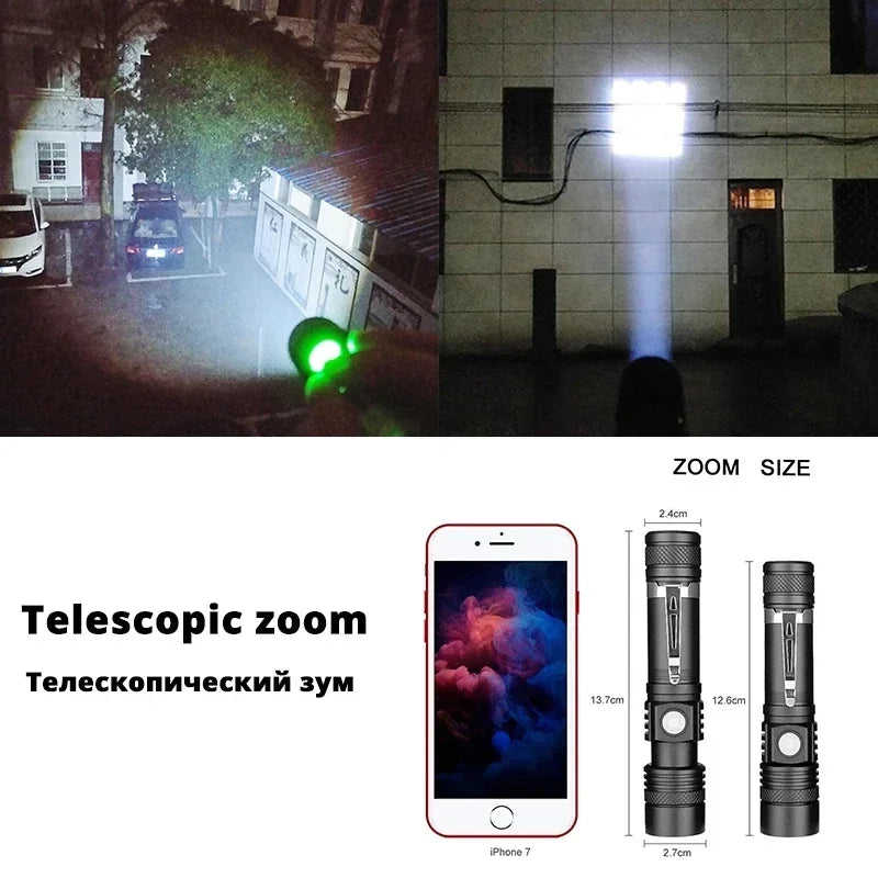 Powerful LED Flashlight with Clip Portable Telescopic Zoom Rechargeable Defense Flashligh For Outdoor Camping Hiking Cycling