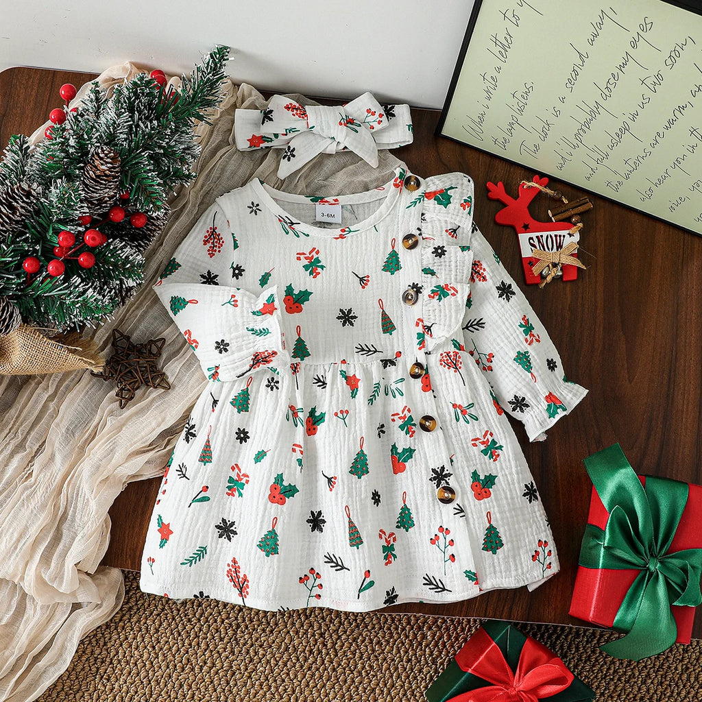 2Pcs Baby Girls Autumn Casual Dress Print Christmas Tree Pink Long Sleeve Knee Dresses With Button Cotton Soft 1-3Y +Headband
