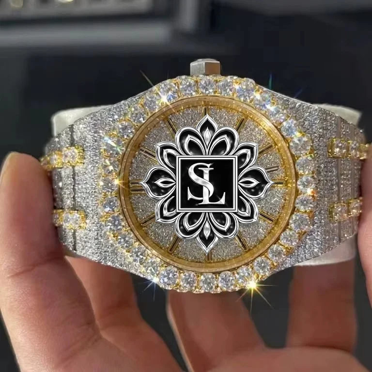 Hand-Set Moissanite Diamond Watch | Gold Plated Luxury Men's Hip Hop Jewelry Wholesale Iced Out Two-Tone Watch |