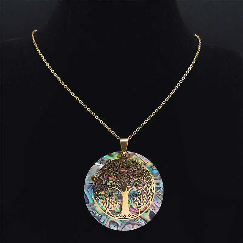 Tree of Life Stainless Steel Abalone Shell Natural Necklace Chain Gold Color Necklaces Mother Pearl Shell Boho Jewelry collar NX