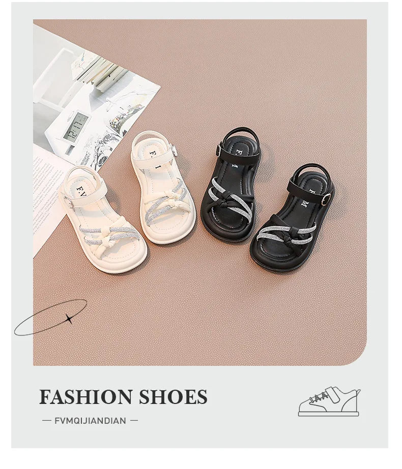 2026Summer Princess Girls Sandals Summer Children Beach Shoes Girls Open-toed Sandals Soft PU Leather Flat Kids Sandals For Girl