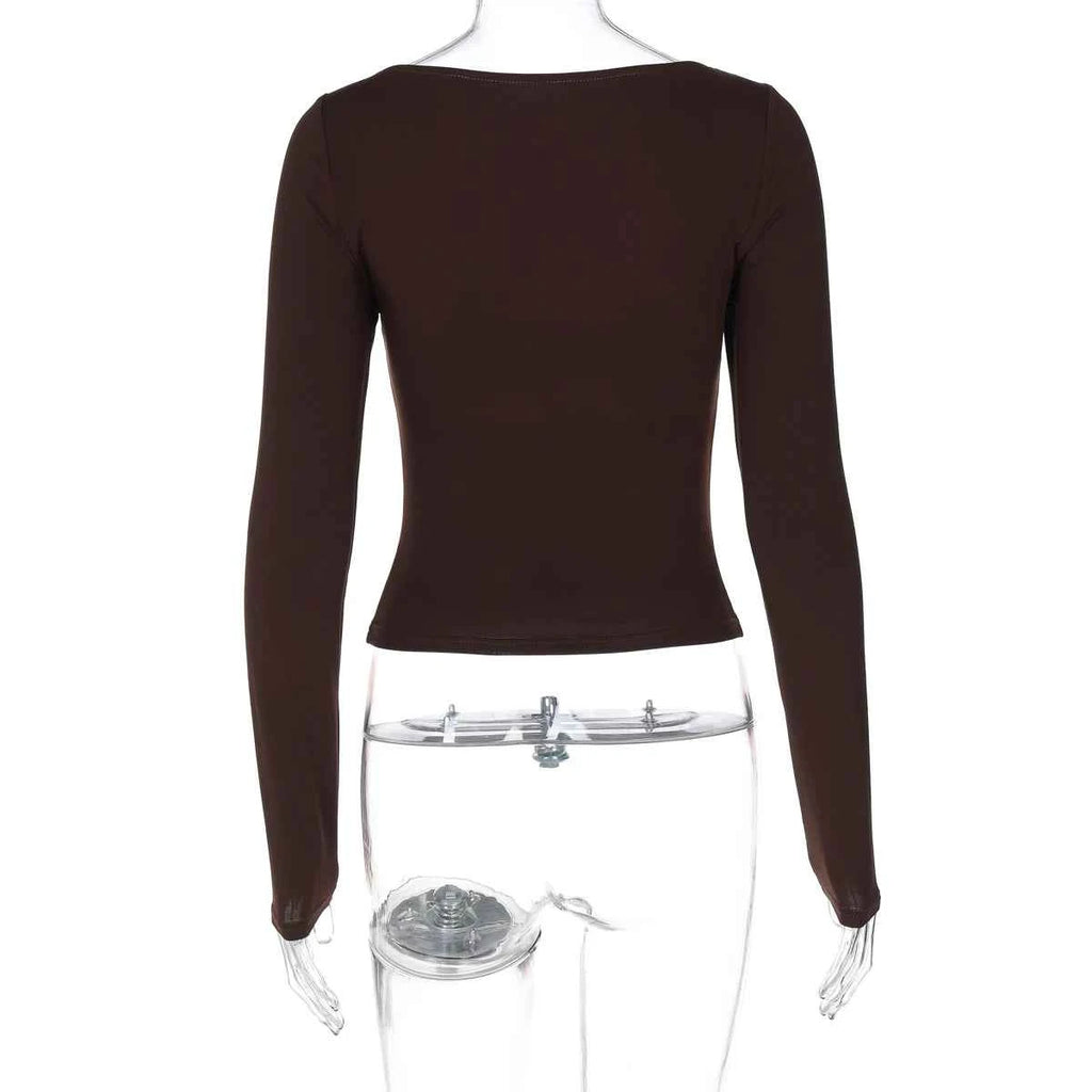 Dulzura Autumn Fashion Sexy Square Collar Long Sleeve Slim T-Shirt Women'S Solid Casual Top Party Club Street Clothes Wholesale