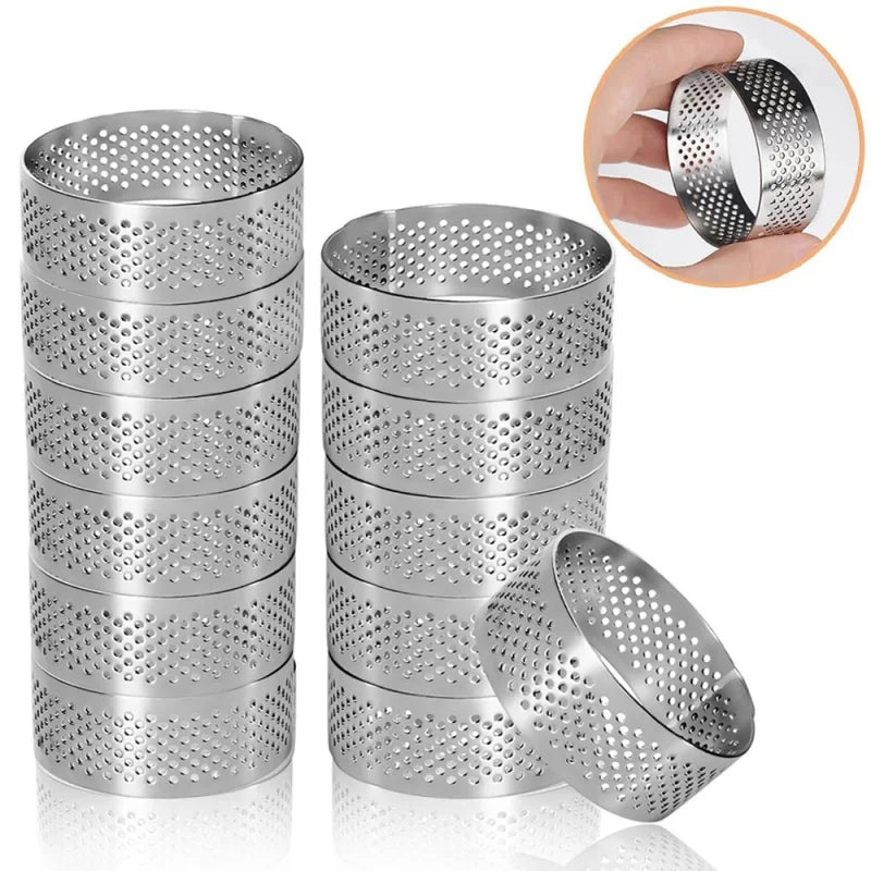 Set of 12 Stainless Steel Round Tart Rings - Perforated Molds for Mousses And Desserts,Cookie Cutters, Fruit Tart Molds