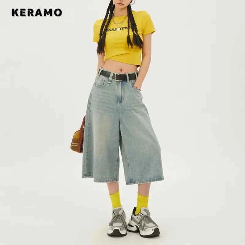 Fashion Harajuku Vintage High Waist 2000S Blue Denim Shorts Women's Casual Loose Fit Y2K Punk Streetwear Style Baggy Shorts