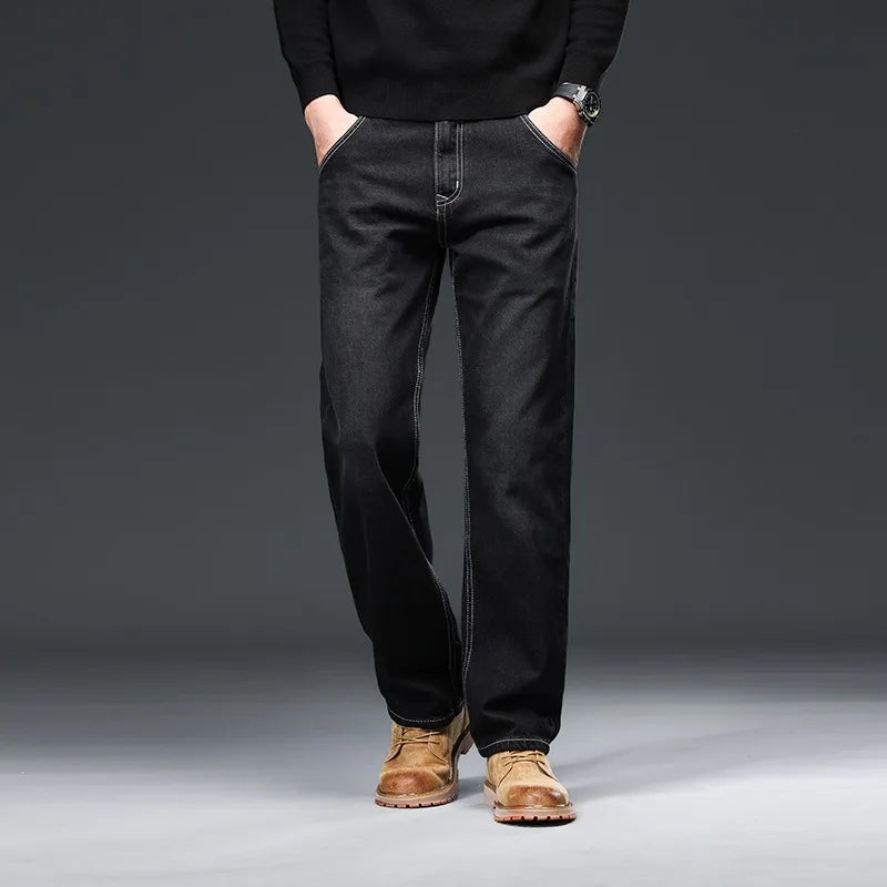 2026 Men Jeans 100% Cotton Thick Straight Plus Big Size 42 44 46 48 140KG Loose Classic Black Denim Trousers Casual Pants