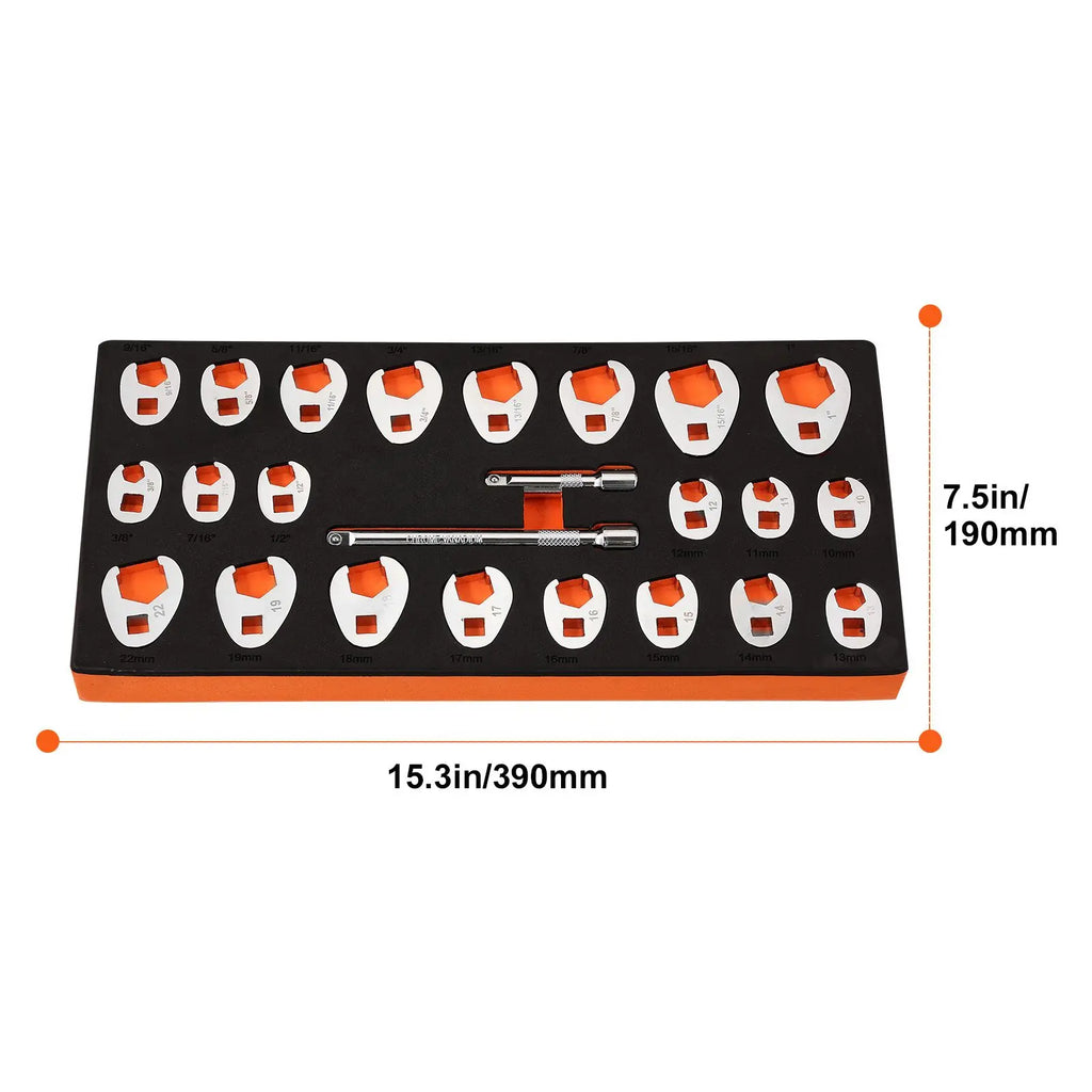 24-Piece 3/8\" Drive Crowfoot Wrench Set with 2 Extensions SAE 3/8\"-1\" Metric 10-22 mm CR-MO St Material