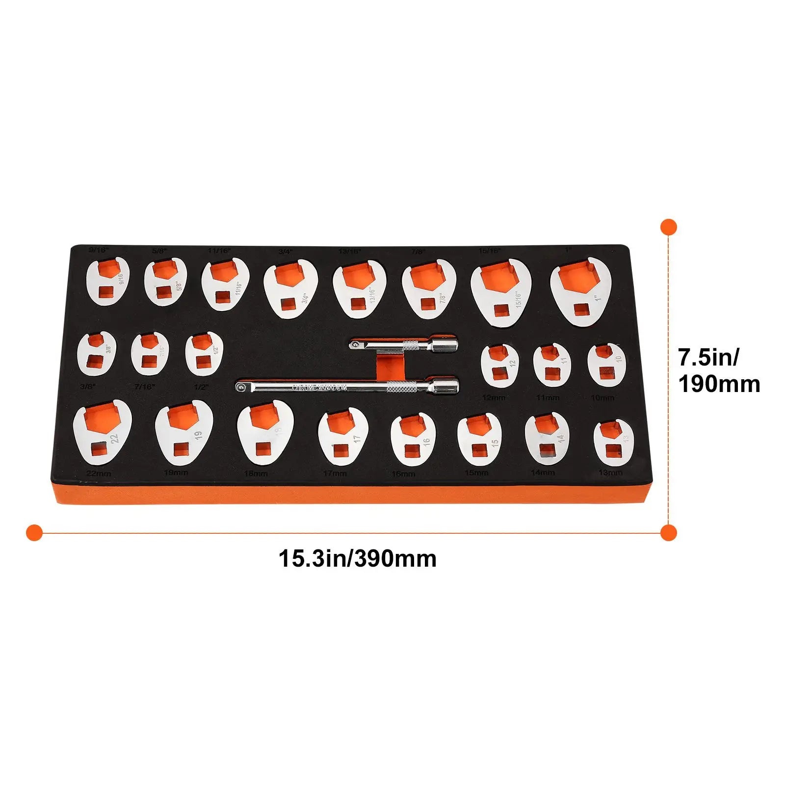 24-Piece 3/8\" Drive Crowfoot Wrench Set with 2 Extensions SAE 3/8\"-1\" Metric 10-22 mm CR-MO St Material