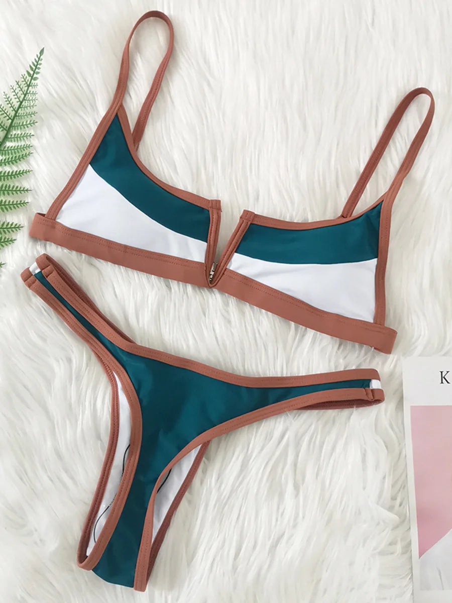 Splicing Denim V Shaped Thong Bikini Women Swimsuit Female Swimwear Two Pieces Bikini Set Bather Push Up Bathing Suit Swim Lady