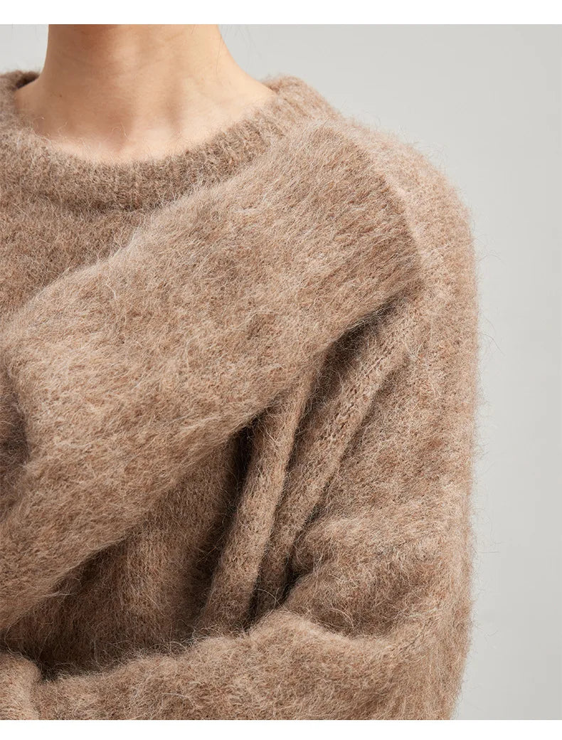 SuyaDream Warm Alpaca Pullovers for Woman, Dropped Sleeved Loose Sweaters, 2025 Fall Winter Top, Camel, Beige