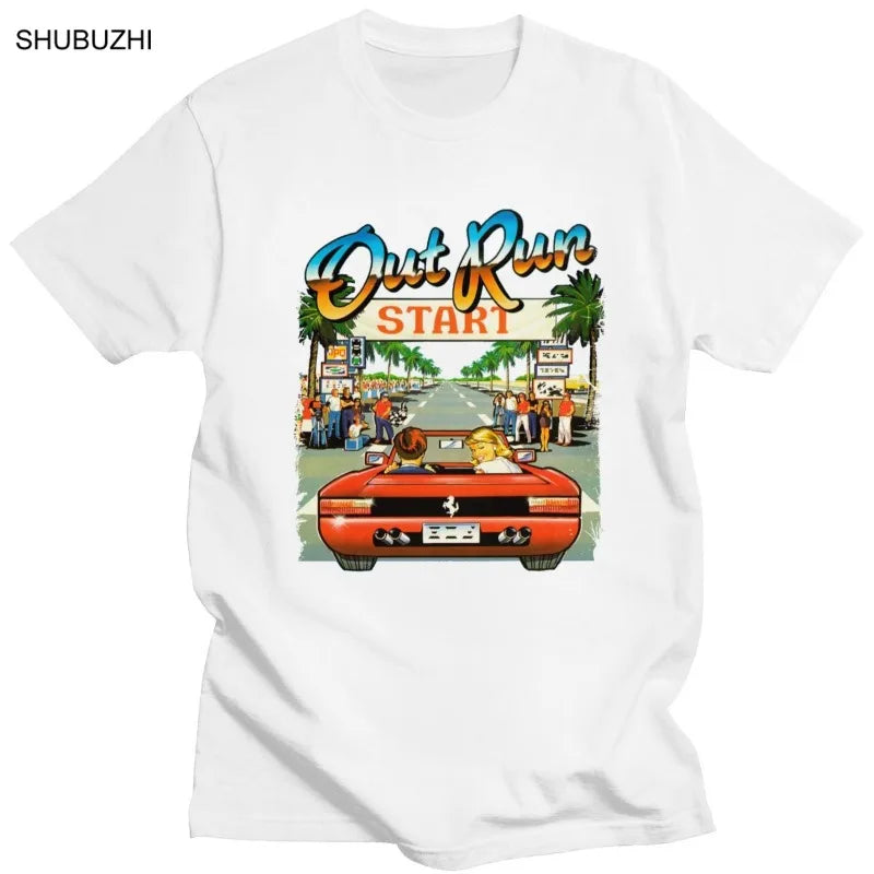 Japanese Arcade Racing Video Game OutRun T-shirt Men's Short Sleeved 80s Retro Harajuku Fashion Console Game T-shirt OutRun