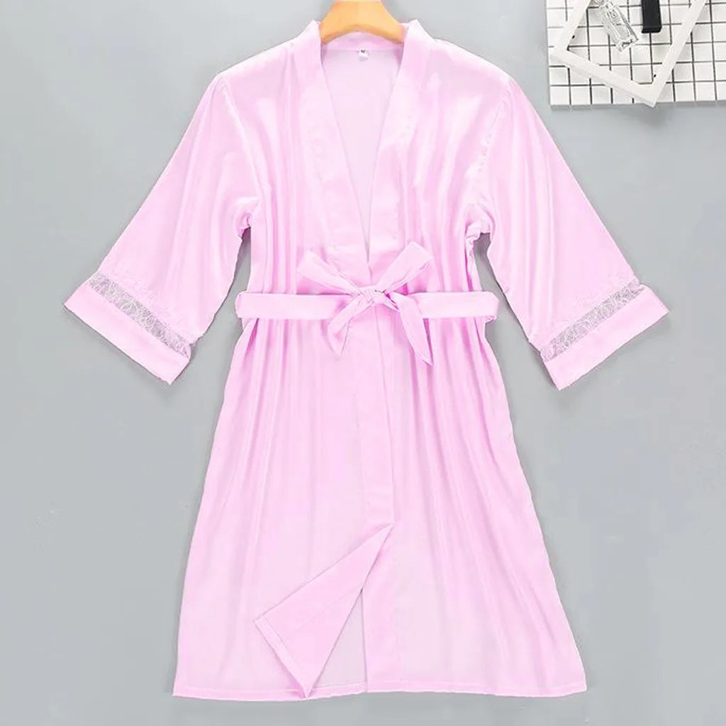 2pcs Women Pajamas Suit Silky Satin Nightgown Nightdress Set Lace Patchwork Lace-Up Women Bathrobe Sleepwear Set