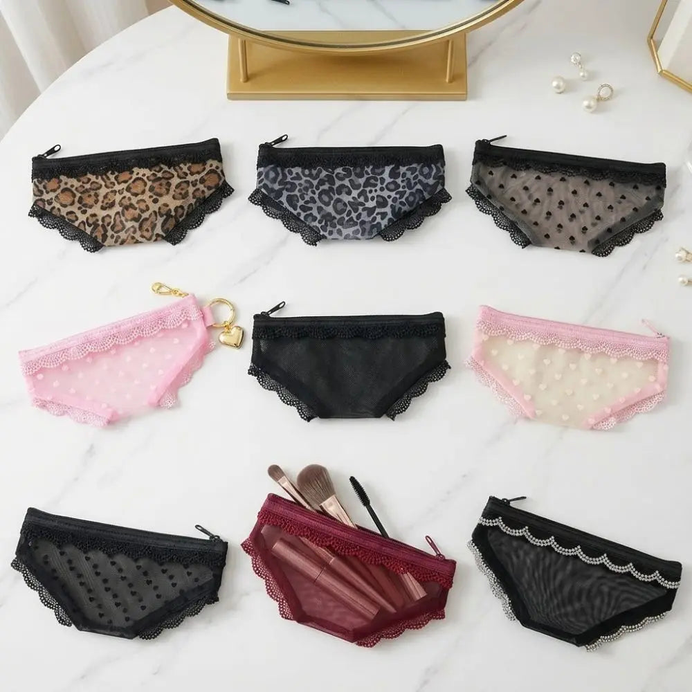 New Briefs Shape Cosmetic Bag Mesh Lace Heart Makeup Storage Pouch Y2K Transparent Toiletry Bag Storage for Travel