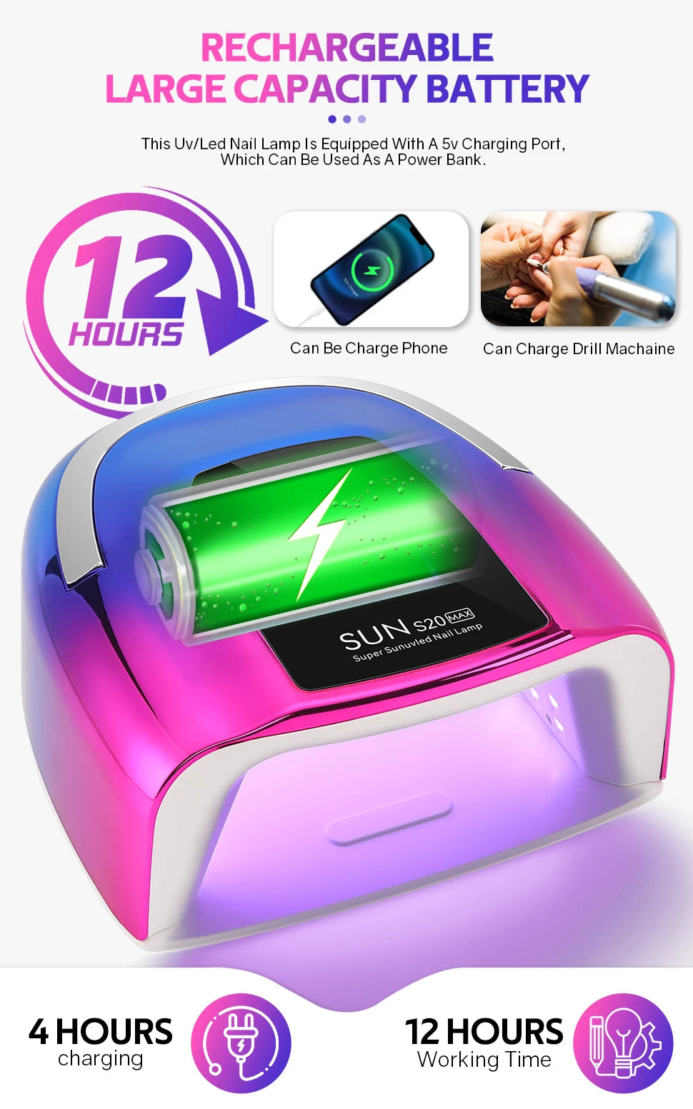 200W UV Nail Lamp 48 LEDs Nail Dryer Machine with LCD Screen Rechargeable Manicure Lamp for Curing All Nails Gel Nail Art Tools