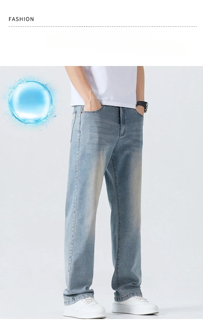 Men's Summer Thin Comfortable Jeans, Fashionable and Breathable Business Straight Pants, Loose Retro Casual Denim Trousers