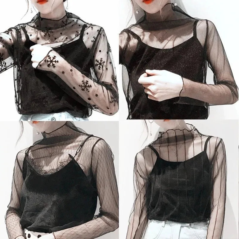 New Transparent See Through Shirt Women Sexy Harajuku Mesh Tops Net Undershirt Star Base Top Camisas Femininas Clubwear SheerTee